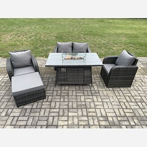 Fimous Rattan Outdoor Garden Furniture Set Gas Fire Pit Dining Table with Chair Love seat Sofa Footstool