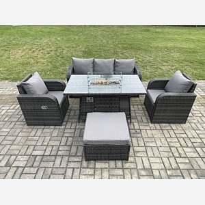 Fimous Patio Outdoor Rattan Garden Furniture Set Propane Gas Fire Pit Table Burner with Lounge Sofa Footstool