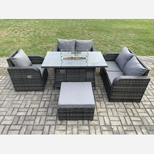 Fimous Rattan Garden Furniture Set with Gas Fire Pit Dining Table Big Footstool Indoor Outdoor 5 piece Love Sofa set