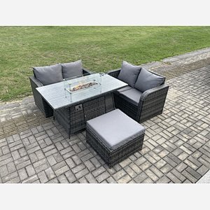Fimous Rattan Garden Furniture Set with Gas Fire Pit Table Footstool 4 Pieces Outdoor Loveseat Sofa Set Dark Grey Mixed
