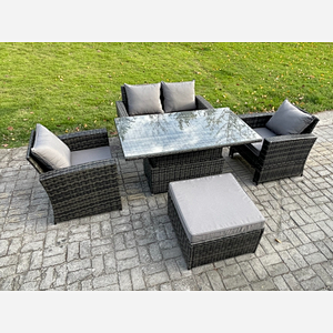 Fimous Outdoor Garden Dining Sets 5 Seater Rattan Patio Furniture Sofa Set with Rising Lifting Table Big Footstool Dark Grey Mixed