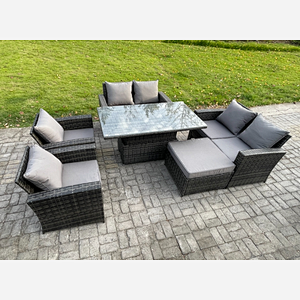 Fimous Rattan Garden Furniture Sets 7 Seater Patio Outdoor Rising Lifting Table Sofa Set with Double Seat Sofa Big Footstool Dark Grey Mixed