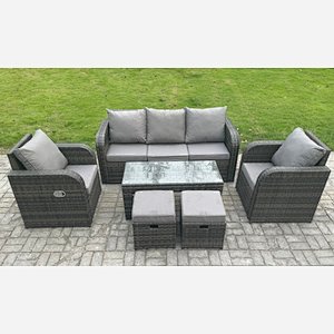 Fimous 7 Seater Outdoor Garden Furniture Sets Wicker Rattan Furniture Sofa Sets with Rectangular Coffee Table Reclining Chair 3 Seater Sofa