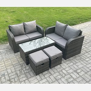 Fimous Patio Garden Furniture Sets Wicker Outdoor Rattan Furniture Sofa Sets with Rectangular Coffee Table 2 Small Footstools