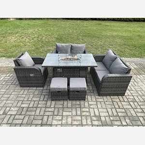 Fimous Rattan Garden Furniture Set with Gas Fire Pit Dining Table,Reclining Chair 2 Small Footstools Indoor Outdoor 6 piece Loveseat Sofa set