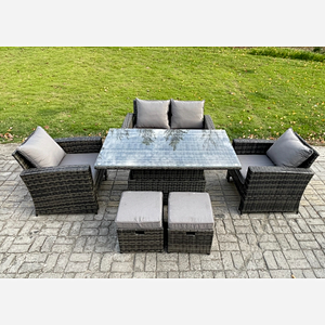 Fimous Outdoor Garden Dining Sets 6 Seater Rattan Patio Furniture Sofa Set with Rising Lifting Table 2 Small Footstool Dark Grey Mixed
