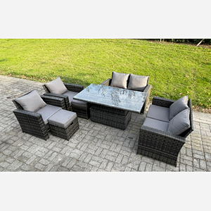 Fimous Rattan Garden Furniture Sets Patio Outdoor Rising Lifting Table Sofa Set with Double Seat Sofa 2 Small Footstools Dark Grey Mixed