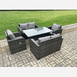 Fimous Rattan Furniture Outdoor Garden Dining Set Patio Height Adjustable Rising lifting Table Love Sofa Chair Set