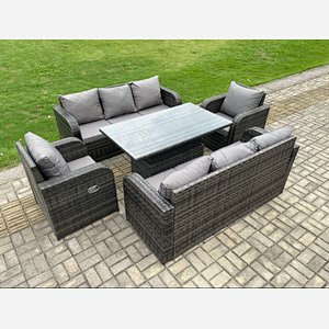 Fimous 8 Seater PE Rattan Outdoor Garden Furniture Sets Height Adjustable Rising lifting DiningTable Sofa Set with Reclining Chair Dark Grey Mixed