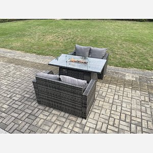 Fimous Rattan Garden Furniture Set with Gas Fire Pit Dining Table Indoor Outdoor 3 piece set