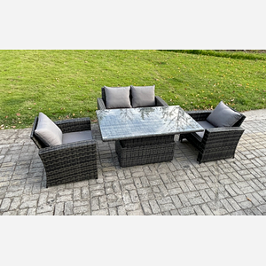 Fimous High Back Rattan Garden Furniture Sofa Sets with Height Adjustable Rising Lifting Table Side Table Big Footstool Dark Grey Mixed
