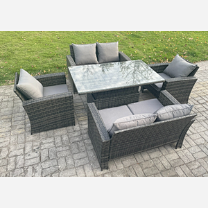 Fimous Rattan Garden Furniture Sets 6 Seater Patio Outdoor Rising Lifting Table Sofa Set with Double Seat Sofa Dark Grey Mixed