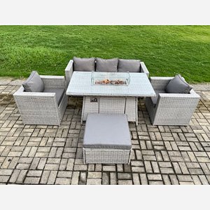 Fimous Outdoor PE Rattan Garden Furniture Gas Fire Pit Dining Table Armchairs With Big Footstool Light Grey