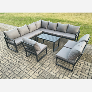 Fimous Aluminium 10 Seater Patio Outdoor Garden Furniture Lounge Corner Sofa Set with Oblong Coffee Table Dark Grey