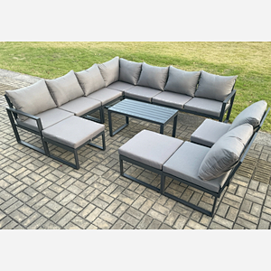 Fimous Aluminium 11 Seater Patio Outdoor Garden Furniture Lounge Corner Sofa Set with Oblong Coffee Table with 2 Big Footstools Dark Grey