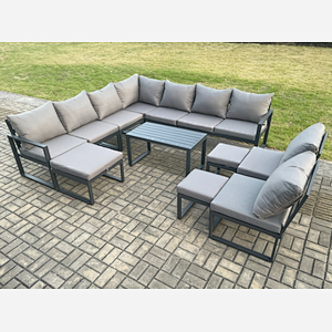 Fimous Aluminium 12 Seater Patio Outdoor Garden Furniture Lounge Corner Sofa Set with Oblong Coffee Table with 3 Footstools Dark Grey