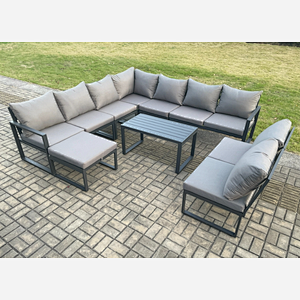Fimous Aluminium 10 Seater Patio Outdoor Garden Furniture Lounge Corner Sofa Set with Oblong Coffee Table with Big Footstool Dark Grey