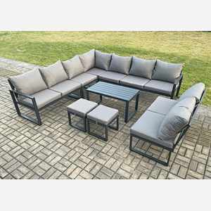 Fimous Aluminium 11 Seater Patio Outdoor Garden Furniture Lounge Corner Sofa Set with Oblong Coffee Table with 2 Small Footstools Dark Grey
