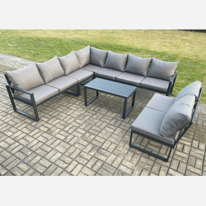 Fimous Aluminium 9 Seater Patio Outdoor Garden Furniture Lounge Corner Sofa Set with Oblong Coffee Table Dark Grey