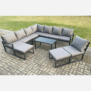Fimous Aluminium 10 Seater Patio Outdoor Garden Furniture Lounge Corner Sofa Set with Oblong Coffee Table 2 Big Footstools Dark Grey