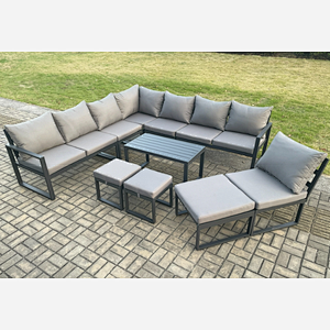 Fimous Aluminium 11 Seater Patio Outdoor Garden Furniture Lounge Corner Sofa Set with Oblong Coffee Table 3 Footstools Dark Grey