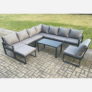 Fimous Aluminium 9 Seater Patio Outdoor Garden Furniture Lounge Corner Sofa Set with Oblong Coffee Table Big Footstool Dark Grey