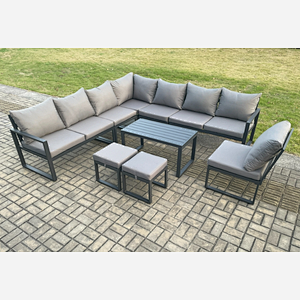 Fimous Aluminium 10 Seater Patio Outdoor Garden Furniture Lounge Corner Sofa Set with Oblong Coffee Table 2 Small Footstools Dark Grey