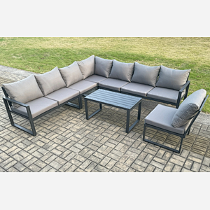 Fimous Aluminium 8 Seater Patio Outdoor Garden Furniture Lounge Corner Sofa Set with Oblong Coffee Table Dark Grey