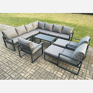 Fimous Aluminium Outdoor Garden Furniture Set Lounge Corner Sofa 3 Pcs Chair Oblong Coffee Table Sets with 2 Big Footstools Dark Grey