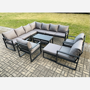 Fimous Aluminium 13 Seater Outdoor Garden Furniture Set Lounge Corner Sofa Oblong Coffee Table 3 Pcs Chair Sets with 3 Footstools Dark Grey