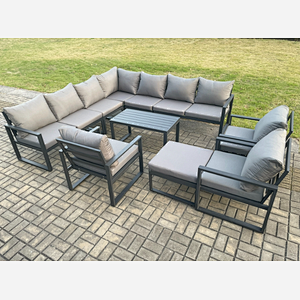 Fimous Aluminium Patio Outdoor Garden Furniture Lounge Corner Sofa Set with Oblong Coffee Table Big Footstool 3 Chair Dark Grey