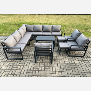 Fimous Aluminium Outdoor Garden Furniture Set Lounge Corner Sofa 3 Pcs Chair Oblong Coffee Table Sets with 2 Small Footstools Dark Grey