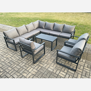 Fimous Aluminium Patio Outdoor Garden Furniture Lounge Corner Sofa Set with Oblong Coffee Table 3 Chairs Dark Grey