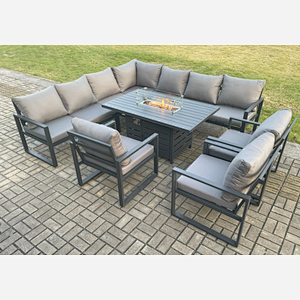 Fimous Aluminium 9 Pieces Garden Furniture Corner Sofa Set with Cushions Gas Fire Pit Dining Table Set Gas Heater Burner with 3 Chairs Dark Grey