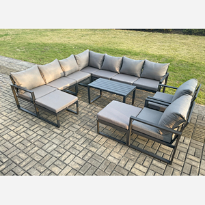 Fimous Aluminium Outdoor Garden Furniture Set Lounge Corner Sofa 2 Pcs Chair Oblong Coffee Table Sets with 2 Big Footstools Dark Grey