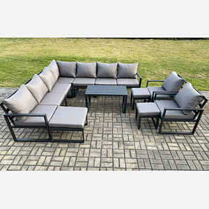 Fimous Aluminium Outdoor Garden Furniture Set Lounge Corner Sofa Oblong Coffee Table 2 Pcs Chair Sets with 3 Footstools Dark Grey