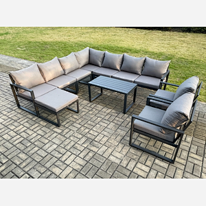 Fimous Aluminium Patio Outdoor Garden Furniture Lounge Corner Sofa Set with Oblong Coffee Table Big Footstool 2 Chair Dark Grey