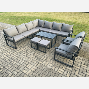 Fimous Aluminium Outdoor Garden Furniture Set Lounge Corner Sofa 2 Pcs Chair Oblong Coffee Table Sets with 2 Small Footstools Dark Grey