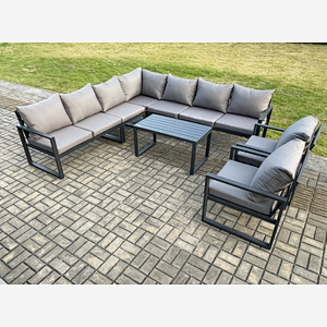 Fimous Aluminium Patio Outdoor Garden Furniture Lounge Corner Sofa Set with Oblong Coffee Table 2 Chairs Dark Grey