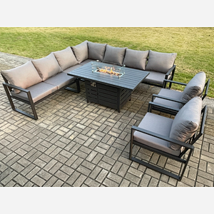 Fimous Aluminium 8 Pieces Garden Furniture Corner Sofa Set with Cushions Gas Fire Pit Dining Table Set Gas Heater Burner with 2 Chairs Dark Grey