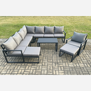 Fimous Aluminium Outdoor Garden Furniture Set Lounge Corner Sofa Chair Oblong Coffee Table Sets with 2 Big Footstools Dark Grey