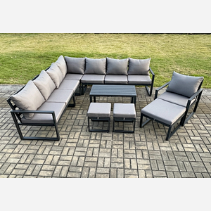 Fimous Aluminium Outdoor Garden Furniture Set Lounge Corner Sofa Oblong Coffee Table Chair Sets with 3 Footstools Dark Grey