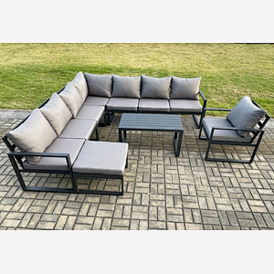 Fimous Aluminium Patio Outdoor Garden Furniture Lounge Corner Sofa Set with Oblong Coffee Table Big Footstool Chair Dark Grey
