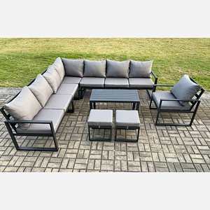 Fimous Aluminium Outdoor Garden Furniture Set Lounge Corner Sofa Chair Oblong Coffee Table Sets with 2 Small Footstools Dark Grey