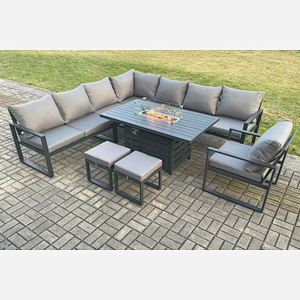 Fimous Aluminium 10 Seater Garden Furniture Outdoor Set Patio Lounge Sofa Gas Fire Pit Dining Table Set with Chair 2 Small Footstool Dark Grey