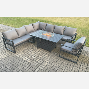Fimous Aluminium 7 Pieces Garden Furniture Corner Sofa Set with Cushions Gas Fire Pit Dining Table Set Gas Heater Burner with Chair Dark Grey