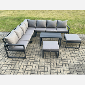 Fimous Aluminium Outdoor Garden Furniture Set Lounge Corner Sofa Oblong Coffee Table Sets with 2 Big Footstools Dark Grey