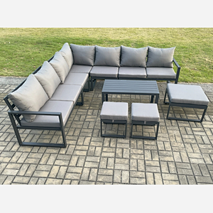 Fimous Aluminium Outdoor Garden Furniture Set Lounge Corner Sofa Oblong Coffee Table Sets with 3 Footstools Dark Grey