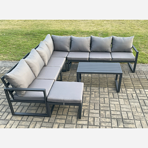 Fimous Aluminium Patio Outdoor Garden Furniture Lounge Corner Sofa Set with Oblong Coffee Table Big Footstool Dark Grey