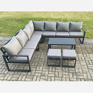 Fimous Aluminium Patio Outdoor Garden Furniture Lounge Corner Sofa Set with Oblong Coffee Table 2 Small Footstools Dark Grey